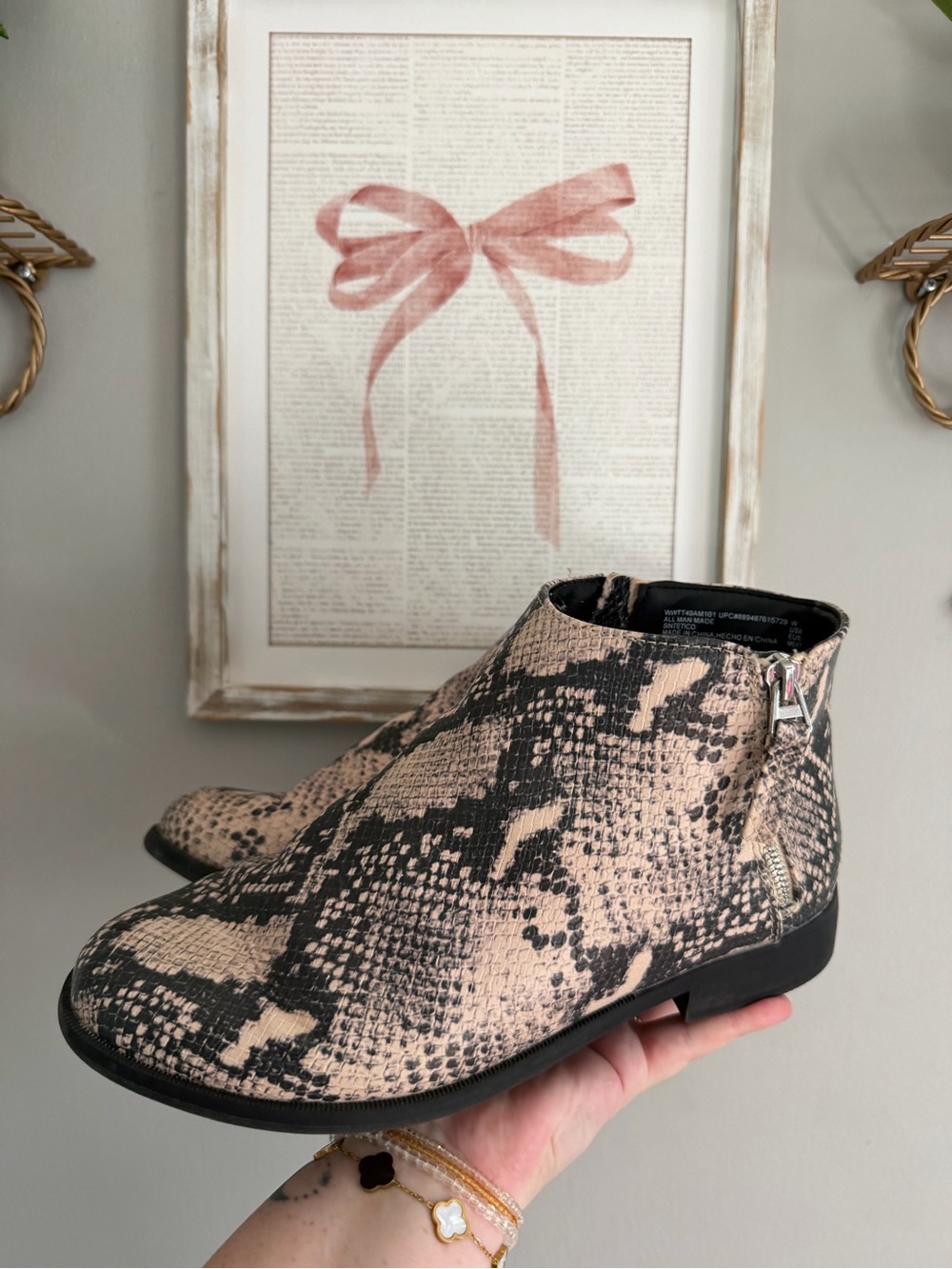 Black and beige snake print ankle boots 10